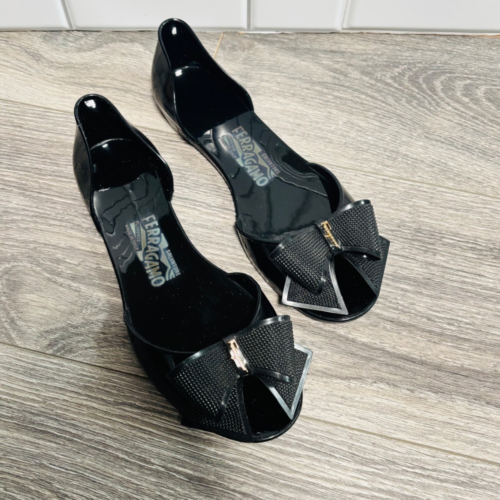 Salvatore Ferragamo Black Barbado Bow Peep Toe‎ Jelly Flats Size 8 - Picture 3 of 11